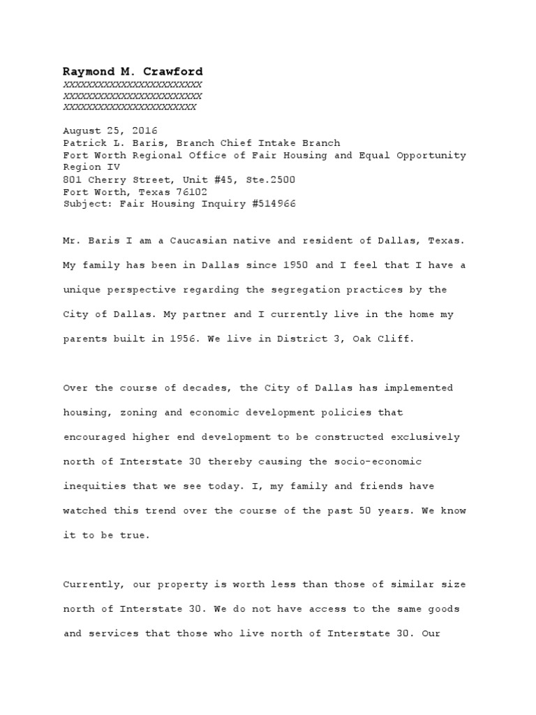 Raymond Crawford Response To HUD Re Housing Complaint PDF Dallas