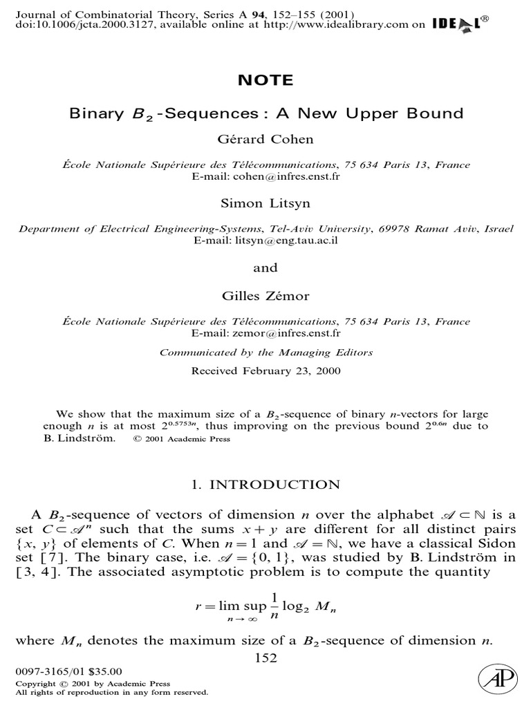 Note Binary B - Sequences: A New Upper Bound: 2001 Academic Press | PDF ...