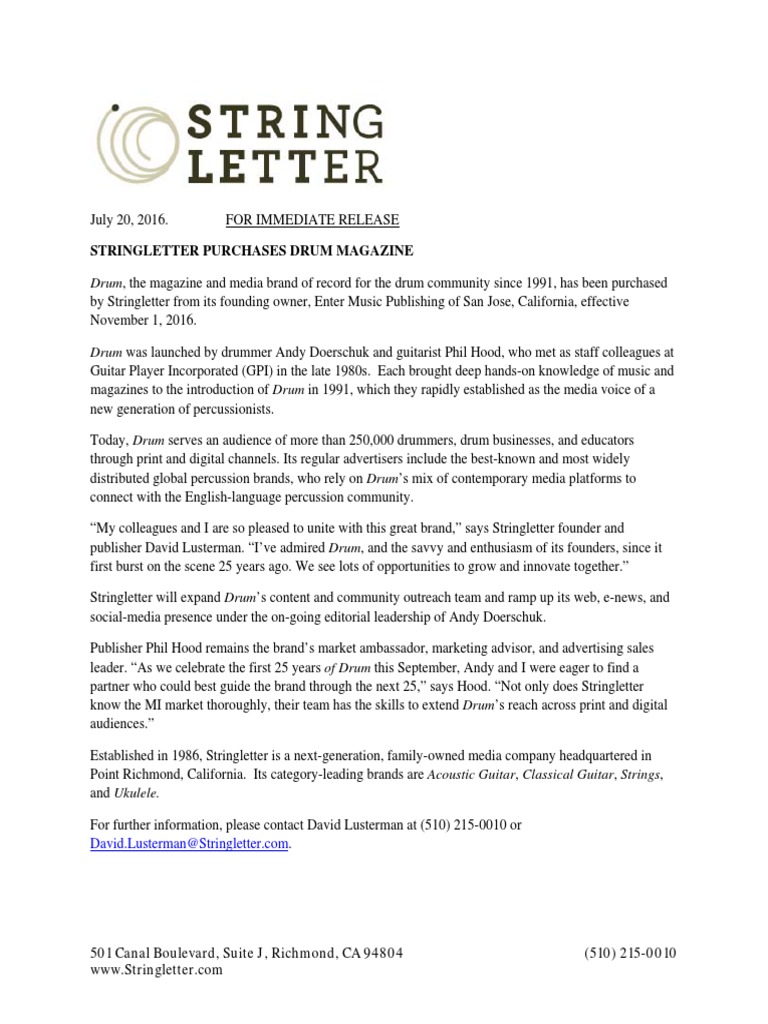 Stringletter Announces Purchase of Drum Magazine 07 20 16 | PDF