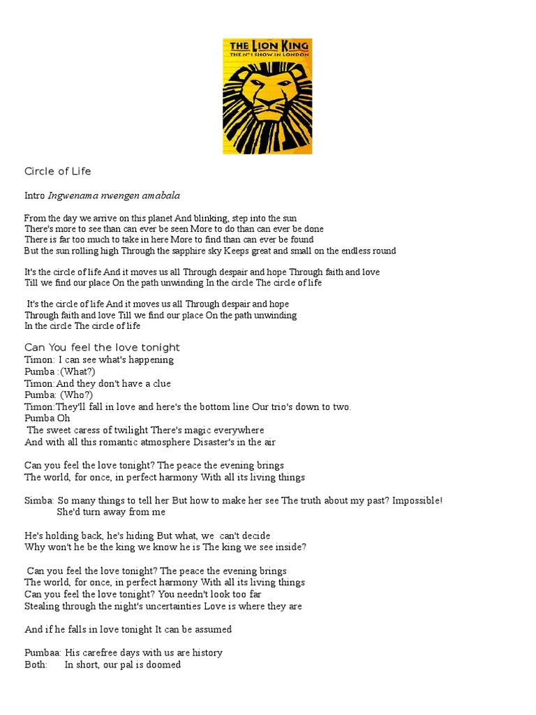 The Lion King “Circle of Life” lyrics - ESL worksheet by