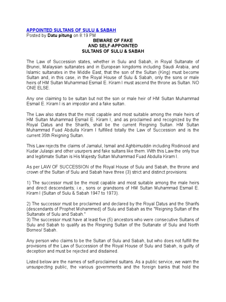 Authenticity of Sulu Sultan Claims | PDF | Sultan | Monarchy