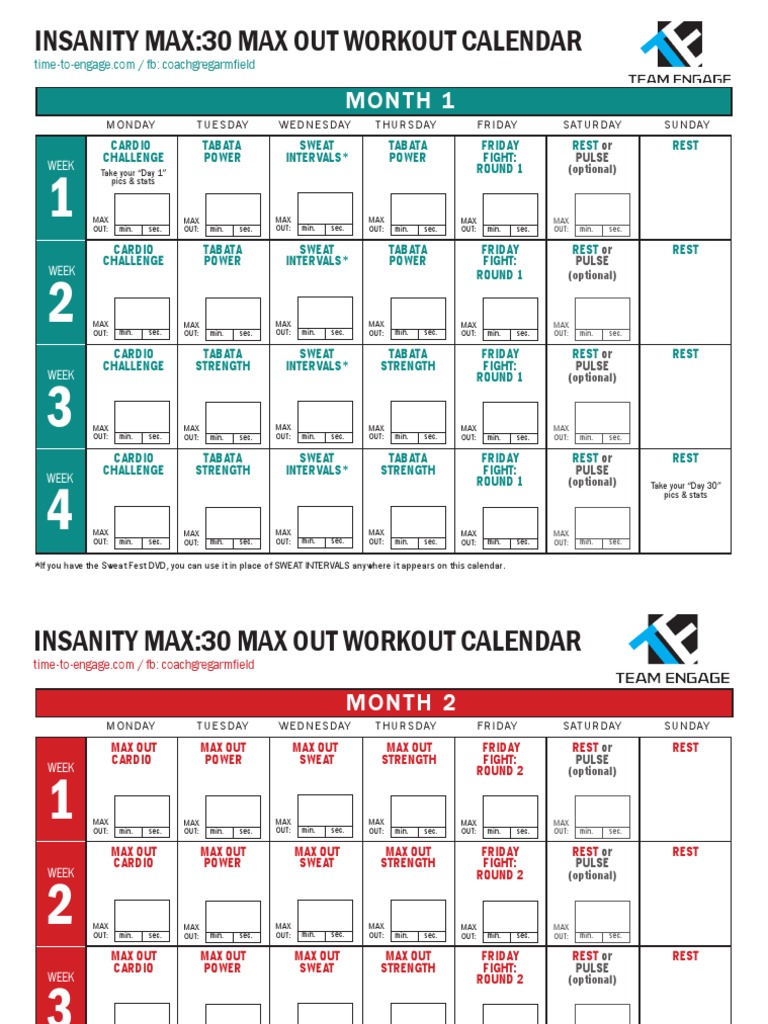 The Max Out Workout Calendar - Insanity Max 30 | PDF
