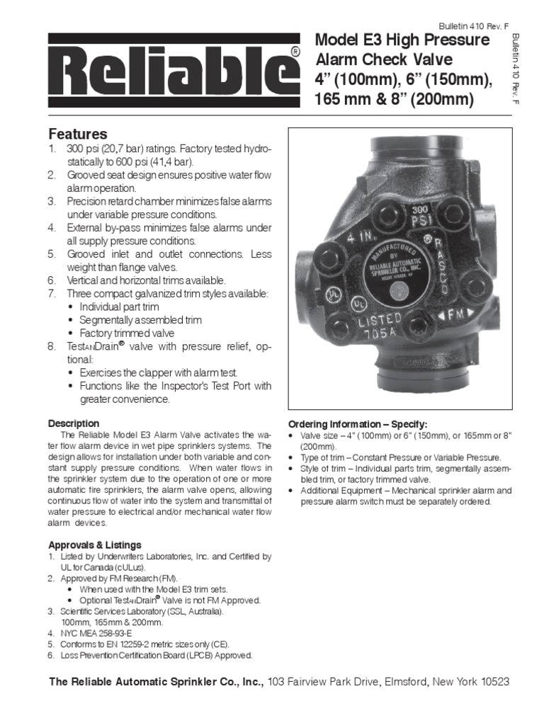 Fire Alarm Valve E3 Reliable | PDF | Fire Sprinkler System | Valve