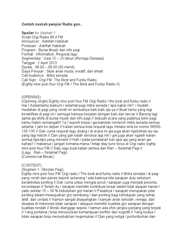 Contoh Naskah Penyiar Radio Gan