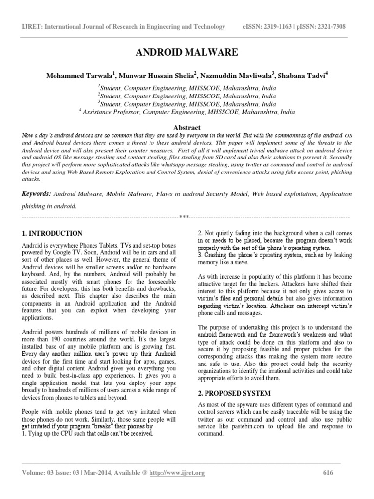 Android Malware Mohammed Tarwala Munwar Hussain Shelia Nazmuddin