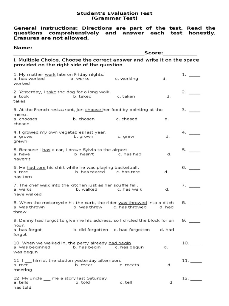 Grammar Evaluation Test for Students | PDF | Grammar | Syntax