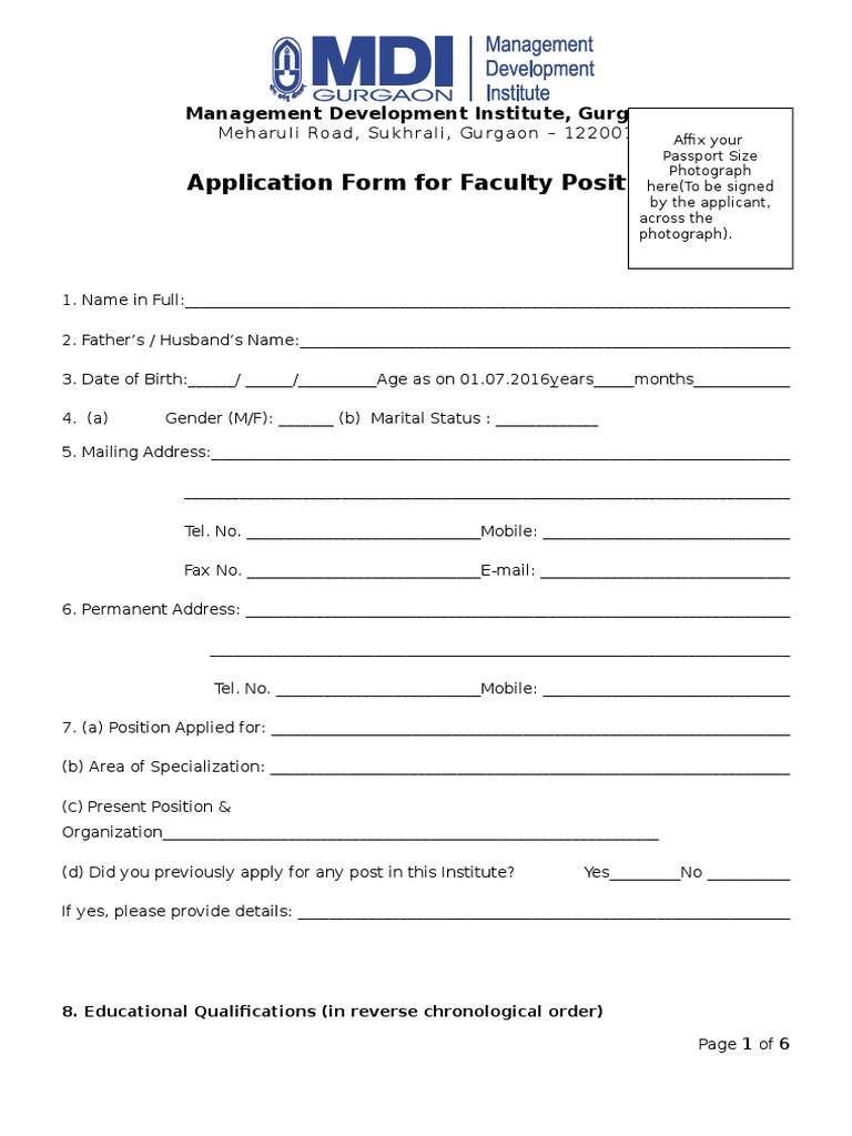 Faculty Application Form - MDI Gurgaon | PDF | Learning | Academia