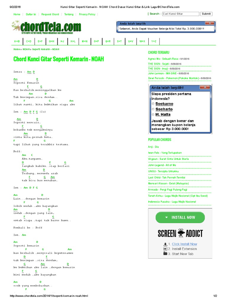 Kunci Gitar Seperti Kemarin Noah Chord Dasar Kunci Gitar Lirik Lagu C Chordtela