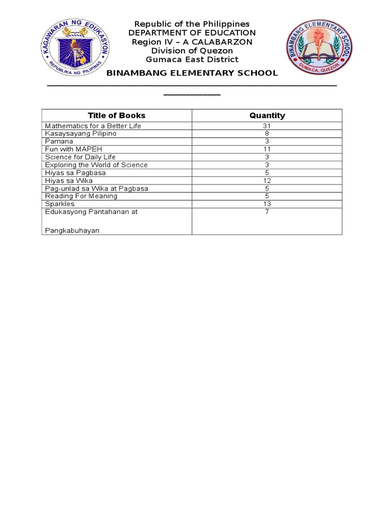 Binambang Elementary School Book List | PDF