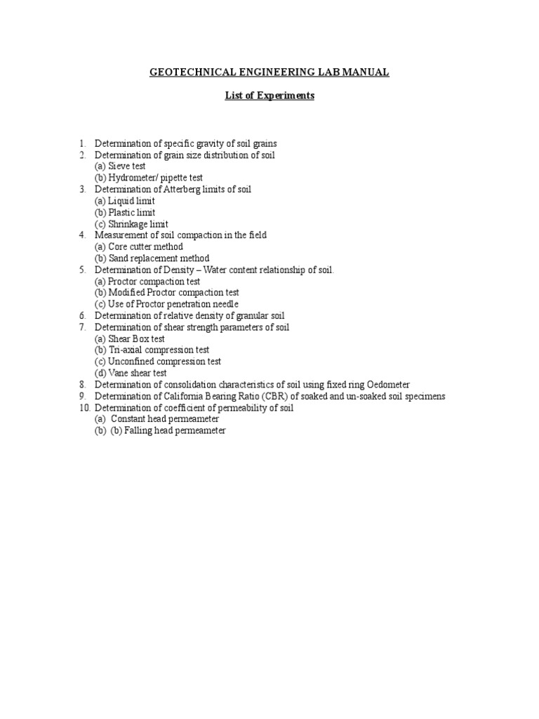 Geotechnical Engineering Lab Manual PDF Density Soil
