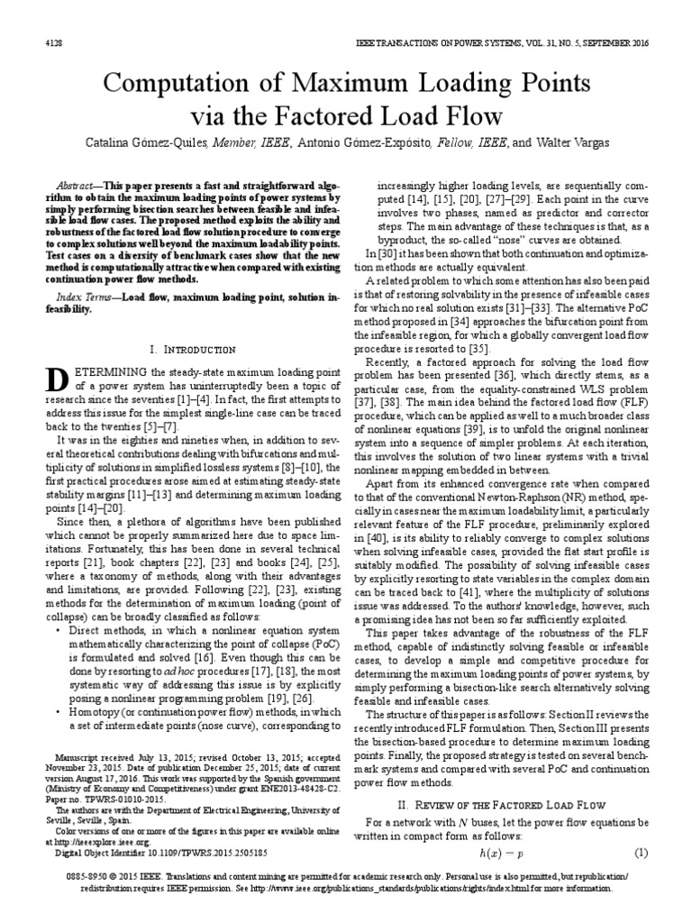 Computation of Maximum Loading Points Via The Factored Load Flow | PDF