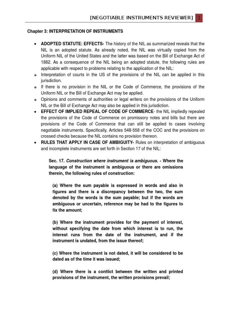 NIL - Interpretation and Negotiation | PDF | Negotiable Instrument ...