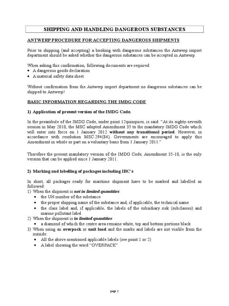 Information On Dangerous Cargo PDF Dangerous Goods Cargo
