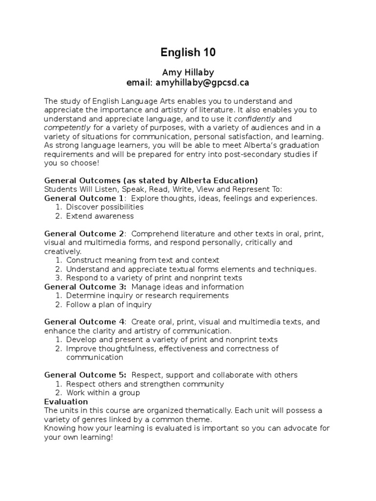 English 10 Course Overview and Evaluation | PDF | Educational ...