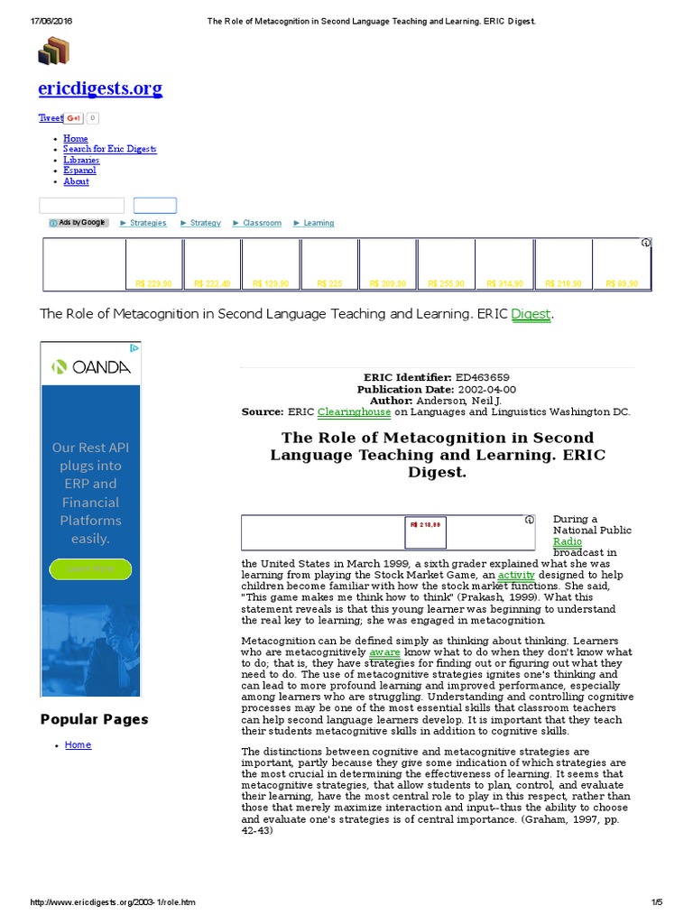 Metacognition In Language Learning Pdf Metacognition Reading