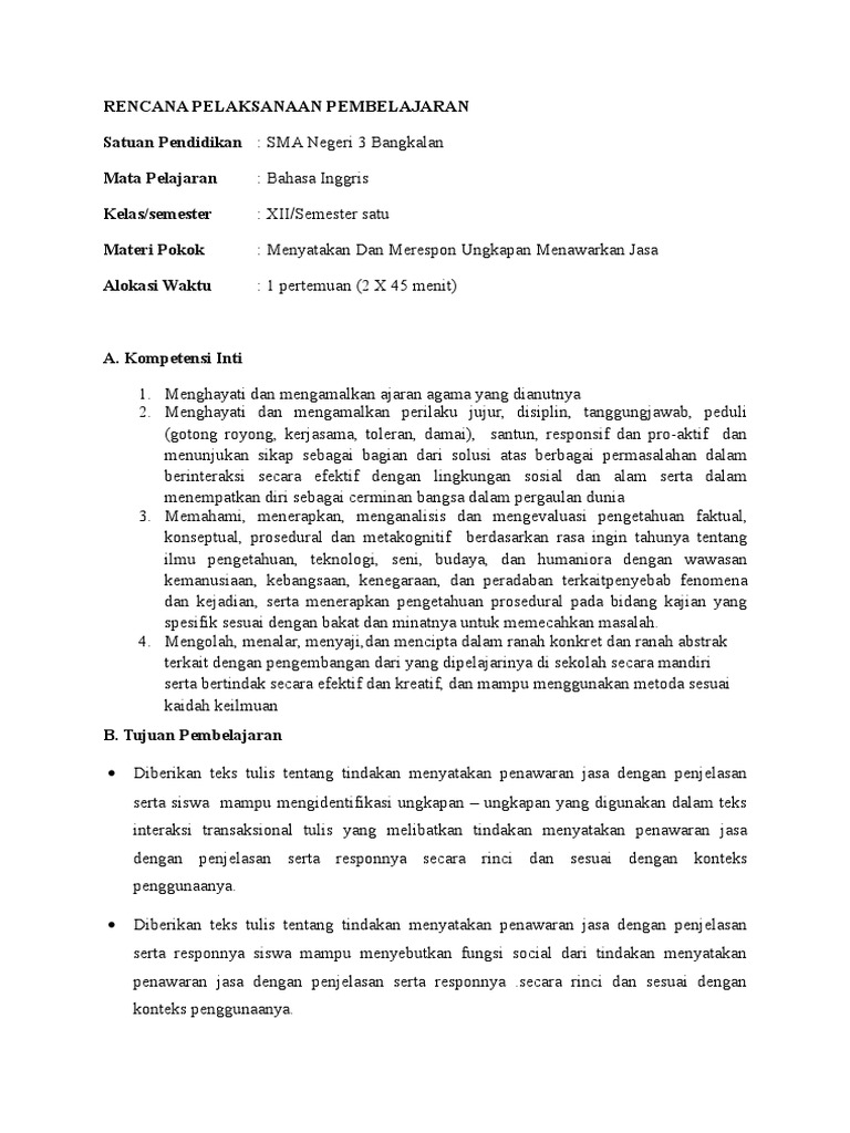 RPP Bahasa Inggris SMA Kelas XI KD 3.1 Menawarkan Jasa