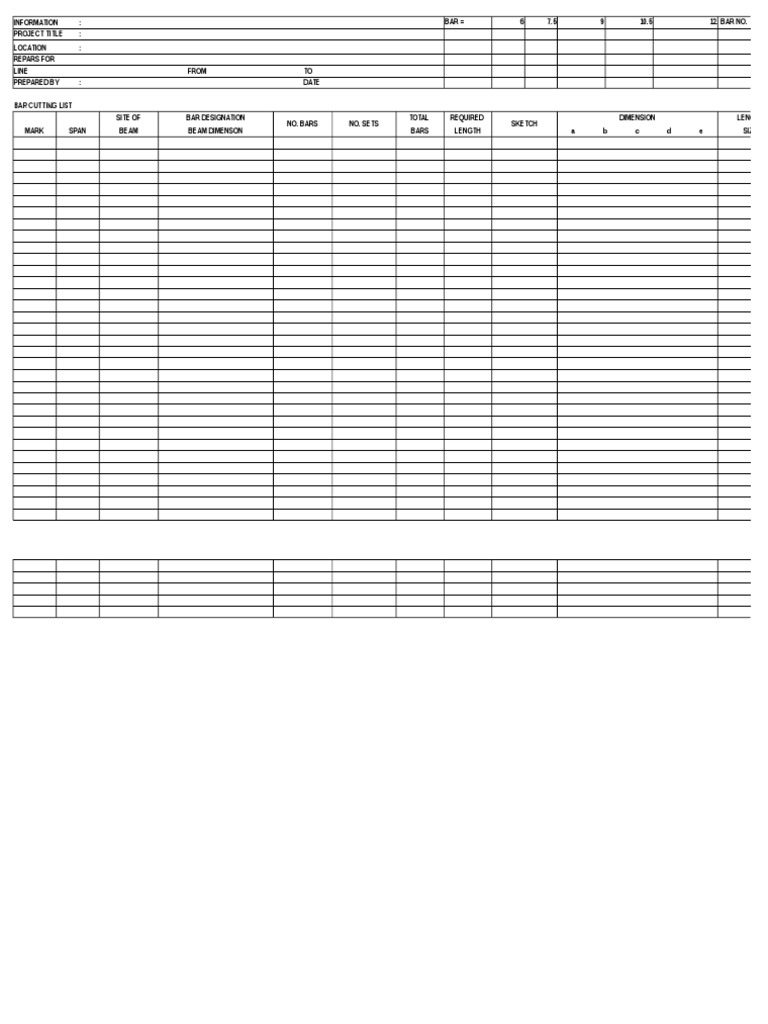 Bar Cutting List Template for Construction | PDF