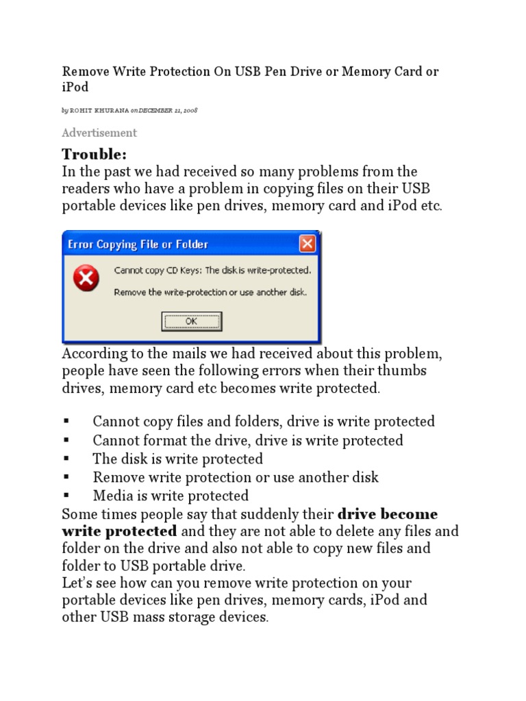Remove Write Protection On USB Pen Drive or Memory Card or Ipod