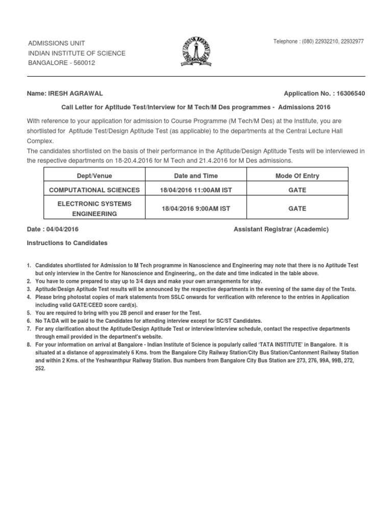 IISc M Tech/M Des Aptitude Test Call Letter | PDF