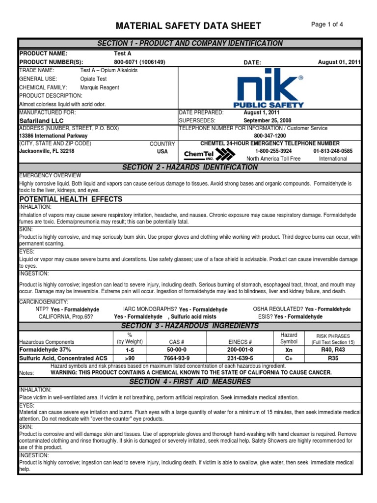 MSDS - Test A | PDF | Dangerous Goods | Formaldehyde