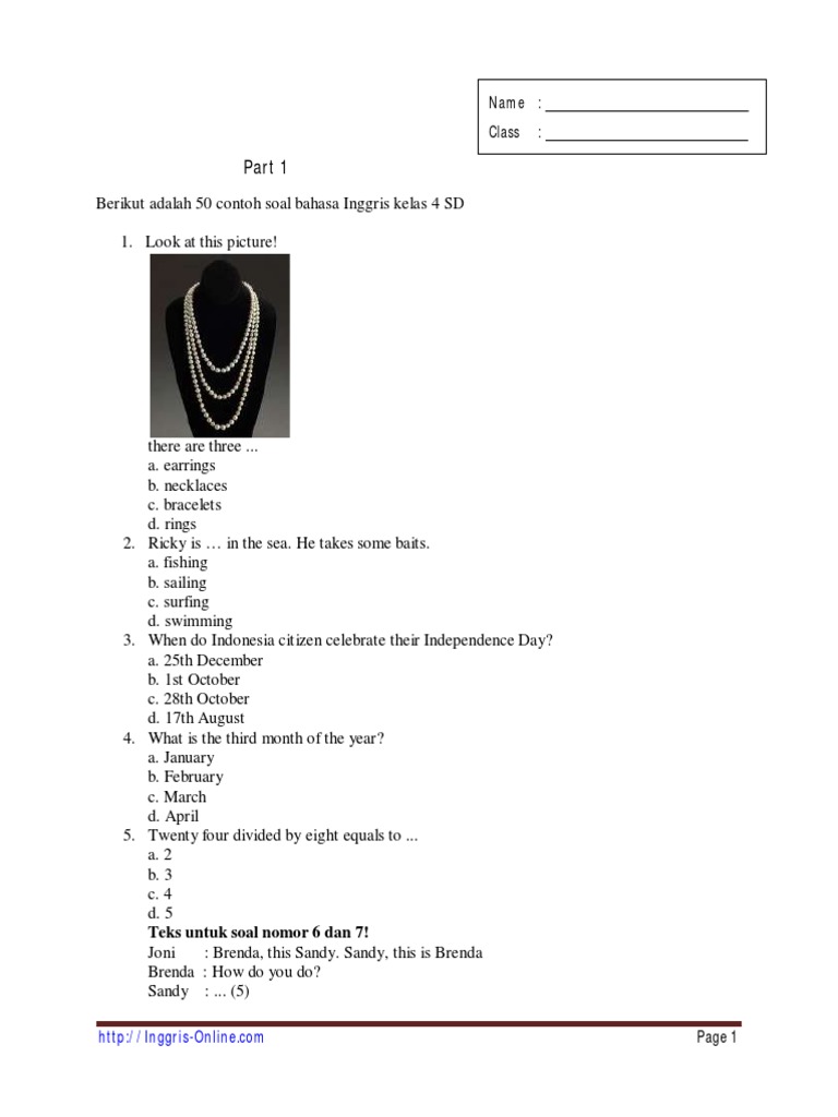 50 Contoh Soal Bahasa Inggris Kelas 4 Sd Inggris Semester 1 Part 1