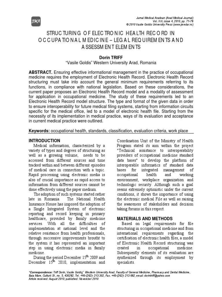 Structuring of Electronic Health Record in Occupational Medicine