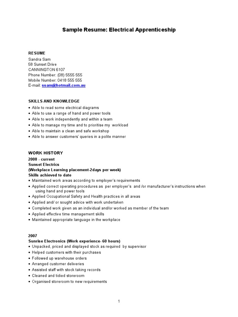 Sample Resume: Electrical Apprenticeship PDF Technology Engineering