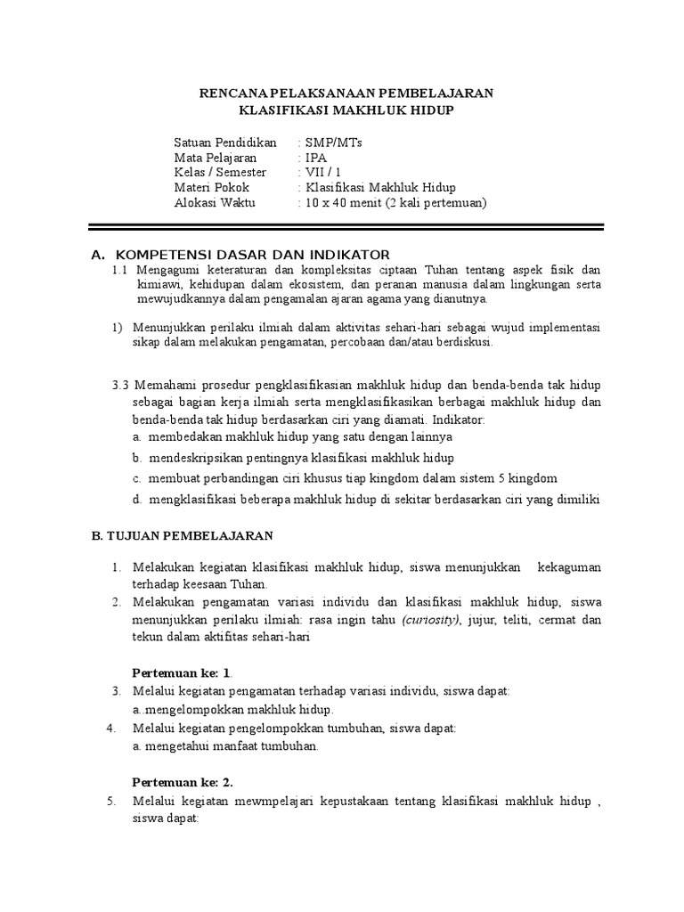 Rpp Vii Bab 3 Klasifikasi Makhluk Hidup