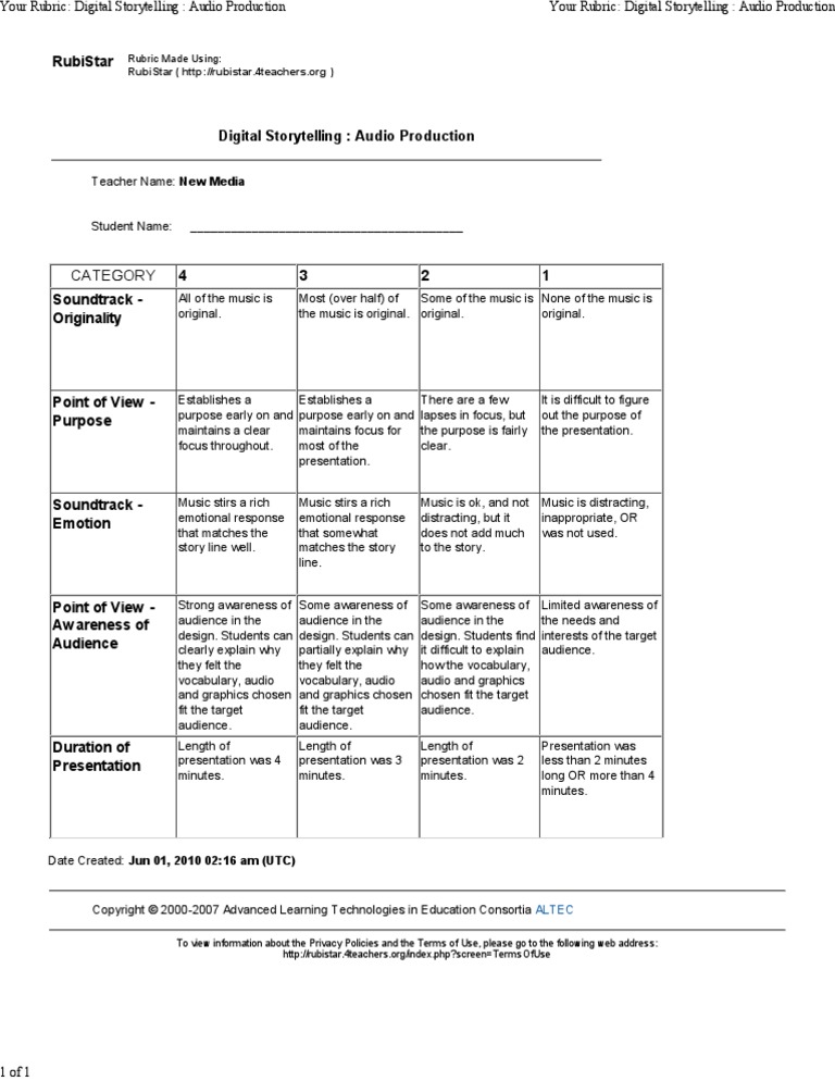 rubrics for audio visual presentation