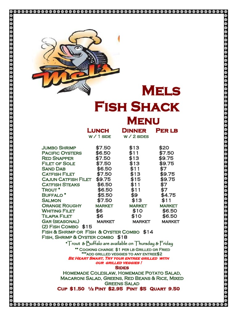 Mels Fish Shack: Lunch Dinner Per LB | PDF | Cooking, Food & Wine