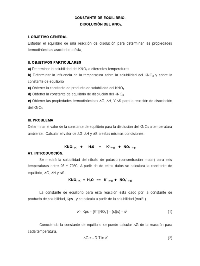 Constante de Equilibrio Disolucion Del KNO3