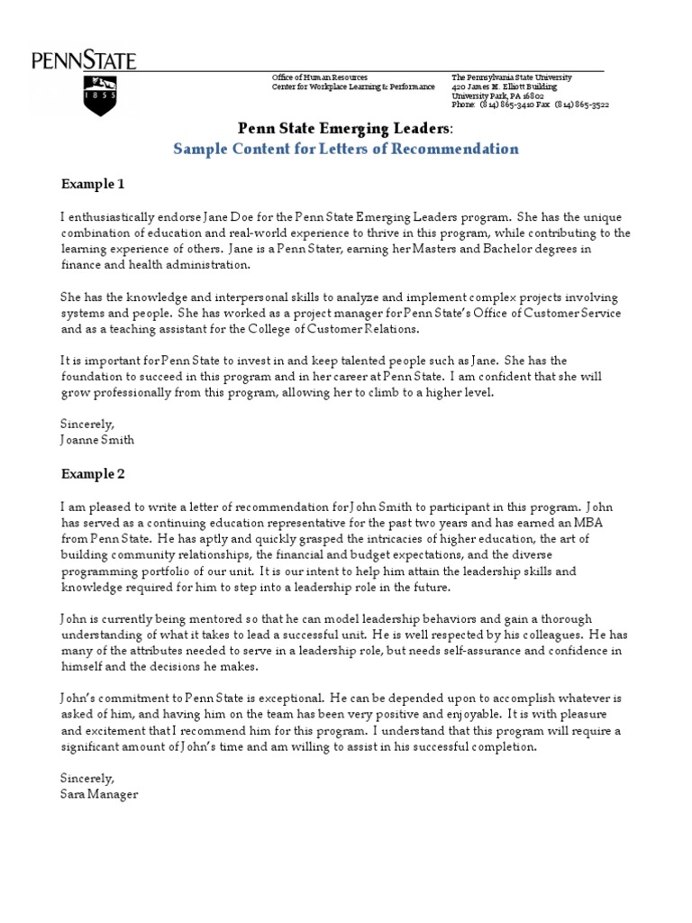 Ps El Sample Letter of Recommendation | Pennsylvania State University ...