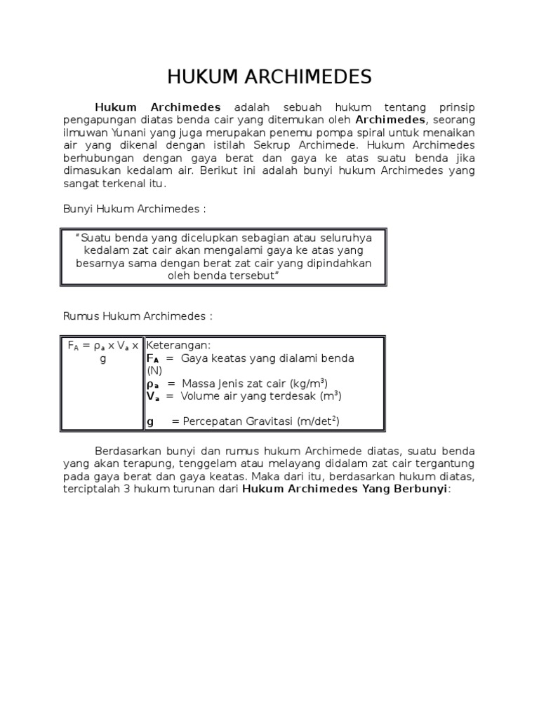 Hukum Archimedes Adalah Sebuah Hukum Tentang Prinsip