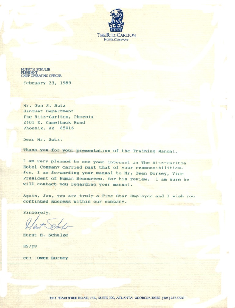 Ritz-Carlton Hotel Company Letter of Appreciation | PDF