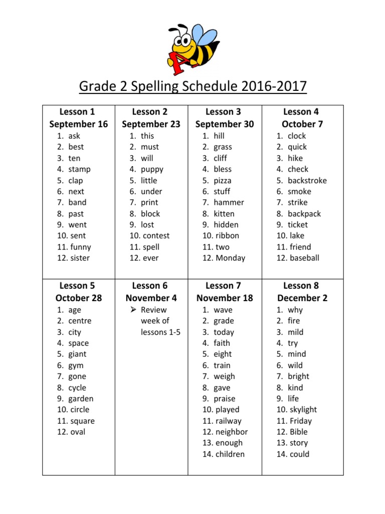 Grade 2 Spelling Schedule Ocio Grade 2 Spelling Schedule Ocio
