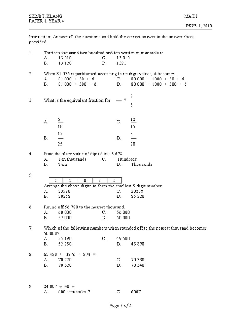 Year 4 Maths Exam Paper 2010 | PDF | Mathematics | Arithmetic