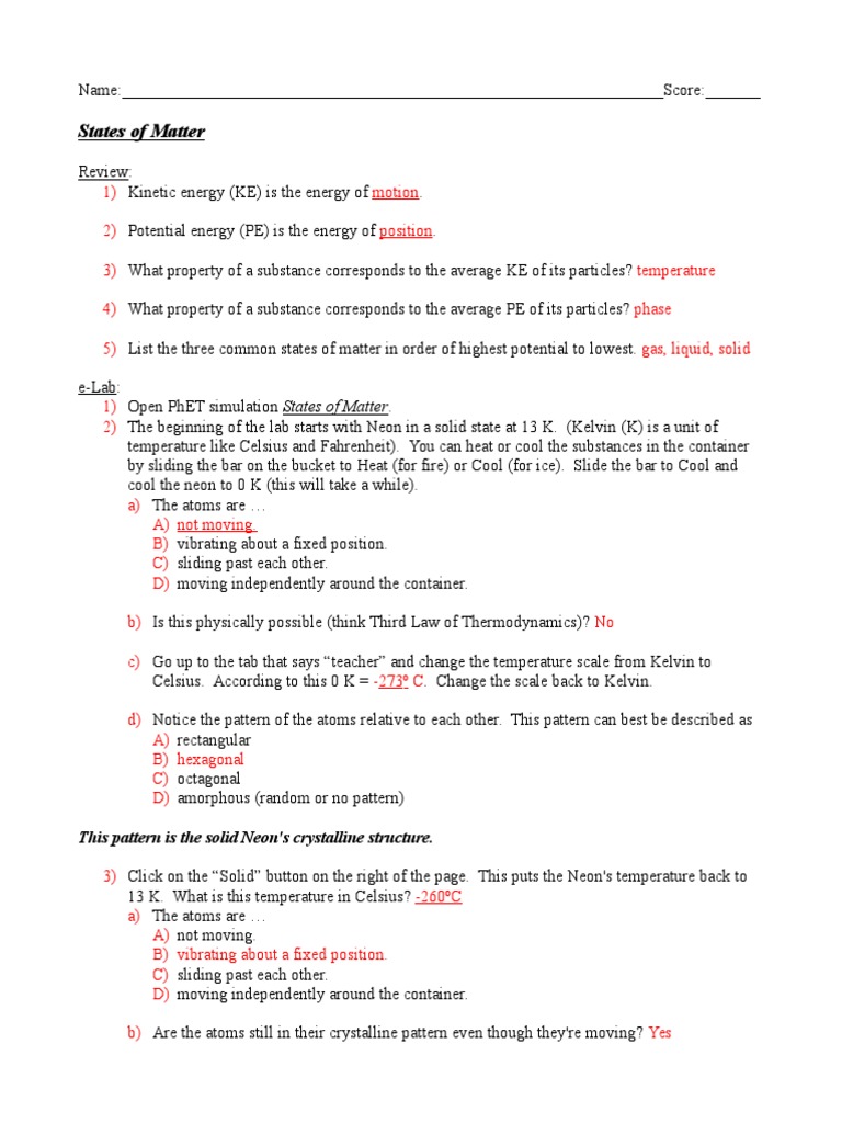11.7 States of Matter PhET Lab Answers | PDF | Temperature | Matter