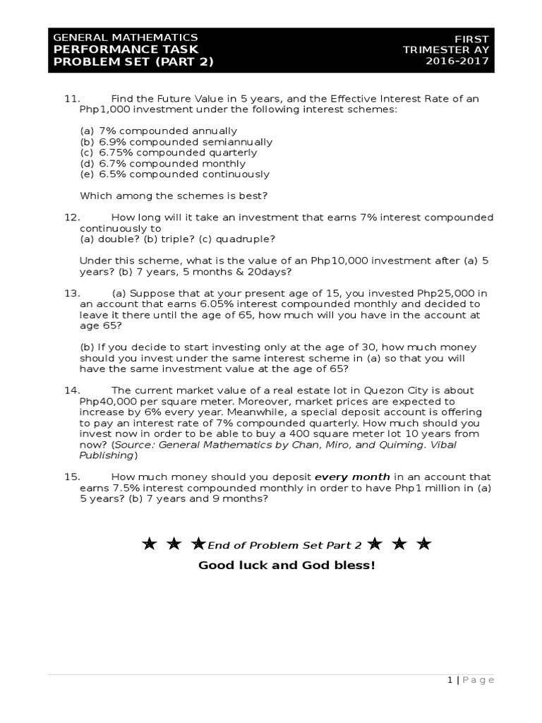 Gen Math Problem Set Part 2 | PDF | Finance & Money Management