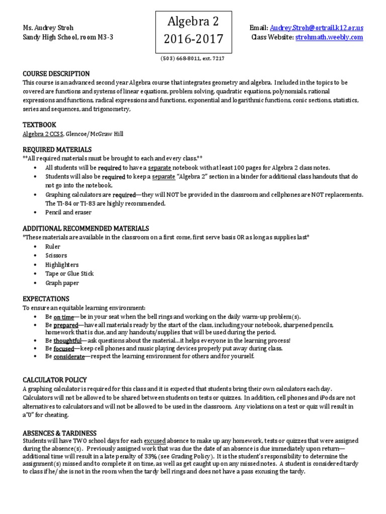 Algebra 2 Syllabus 20162017 PDF Educational Assessment Homework