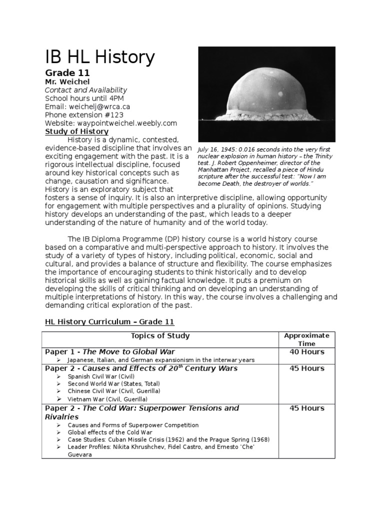 IB HL History Course Overview Grade 11 PDF Educational Assessment