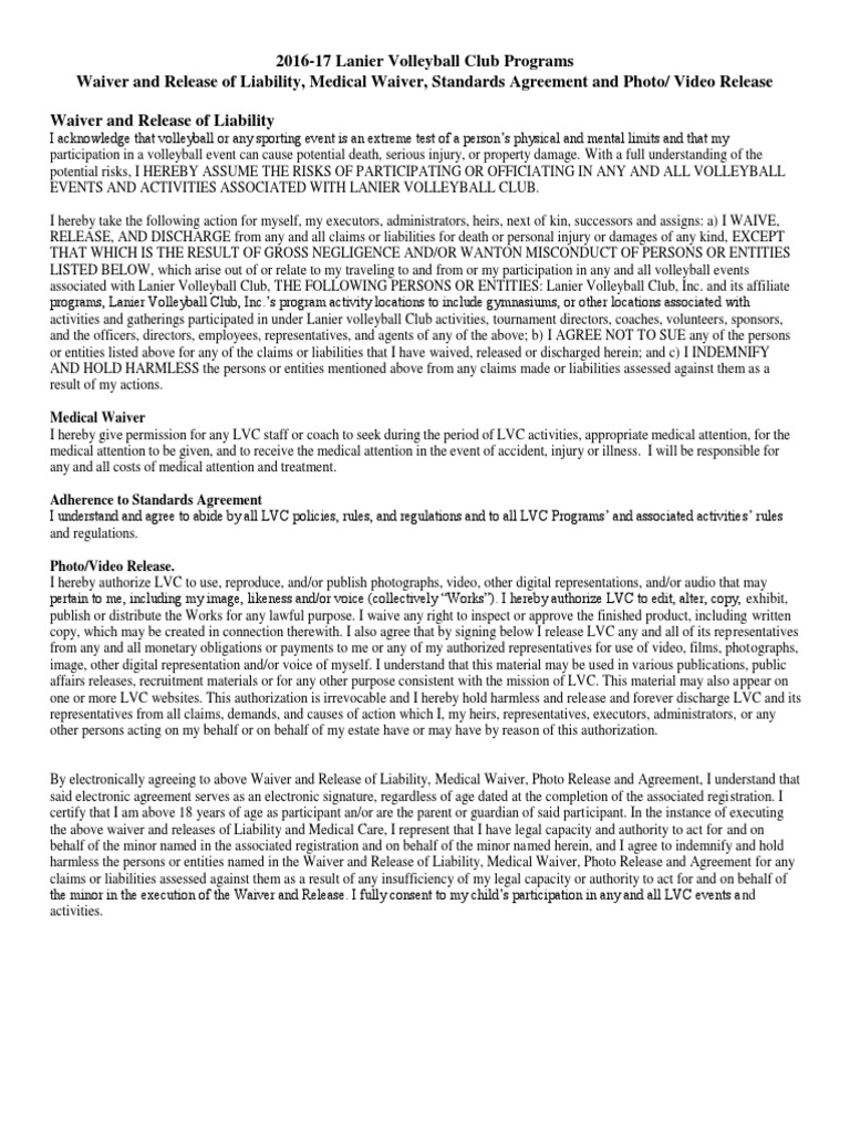 2016-17 Lanier Volleyball Club Programs Waiver and Release of Liability ...