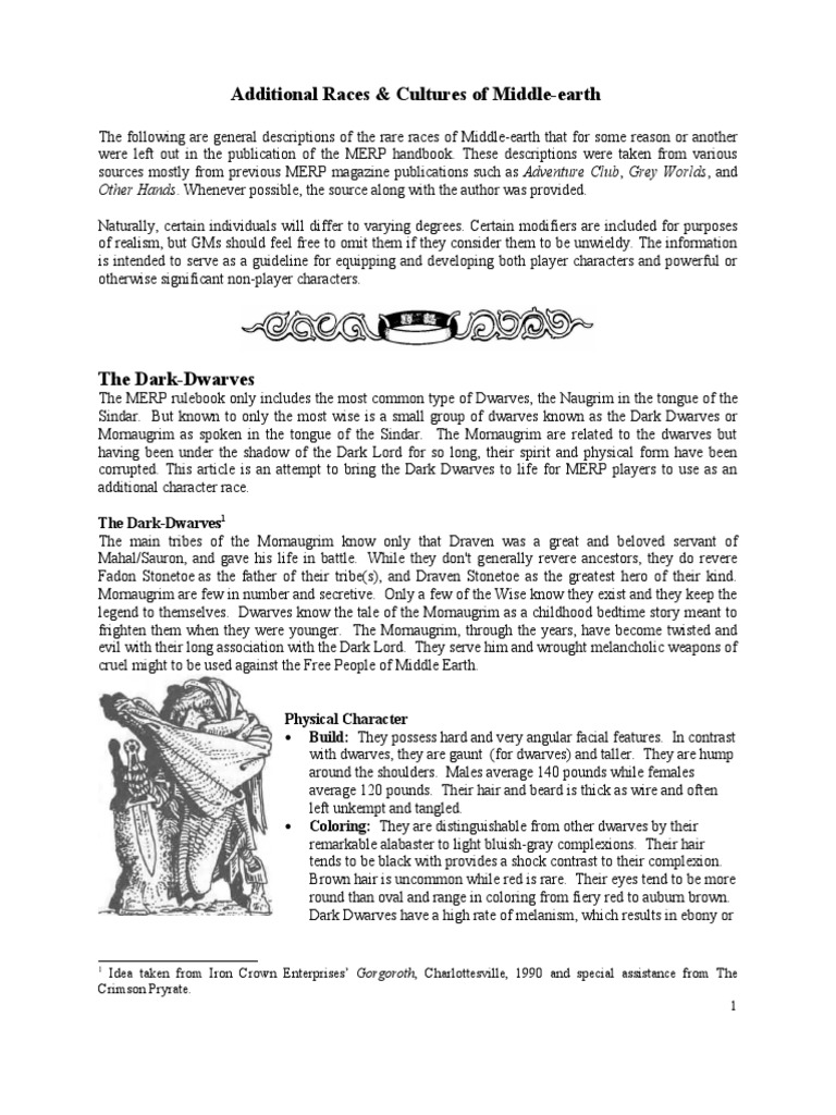 Middle Earth Cultures and Races | PDF | Dwarf (Middle Earth) | Elf ...