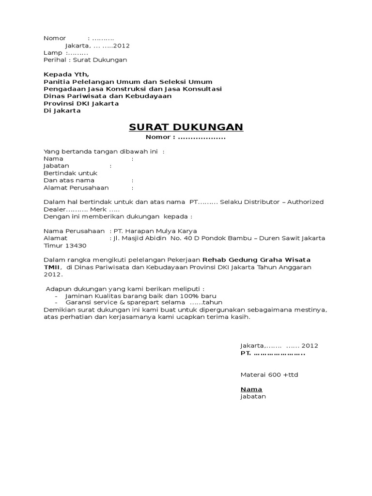 Contoh Surat Jaminan Purna Jual