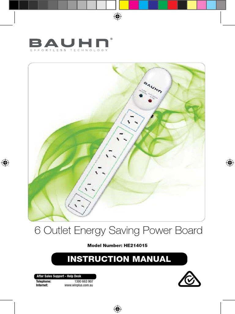 Bauhn 6 Outlet Energy Saving Power Board Manual HE214015 PDF Switch