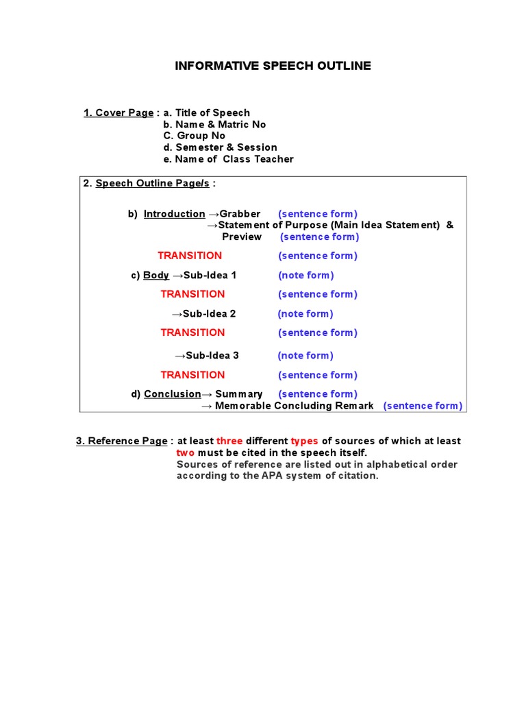 Format of Informative Speech Outline | PDF | Writing | Written ...