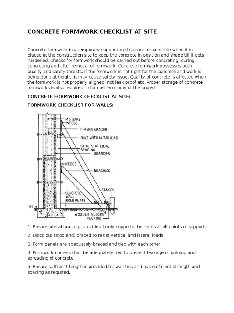 Concrete Formwork Checklist at Site | PDF | Plywood | Concrete