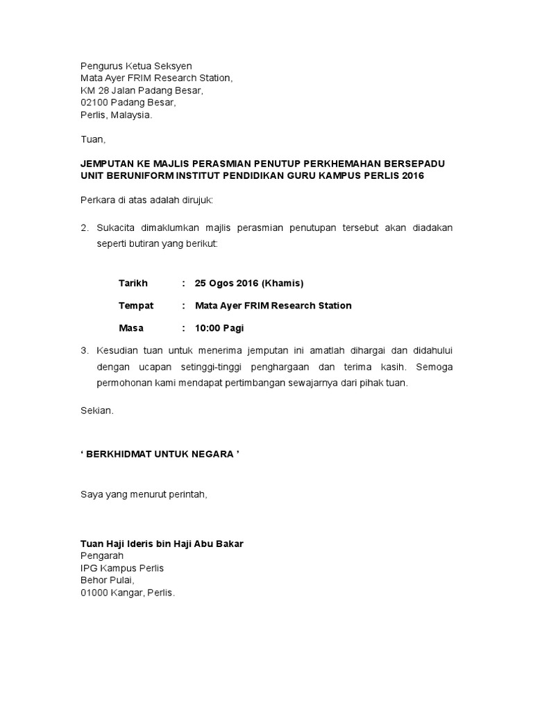 Contoh Surat Jemputan Perasmian Penutupan Perkhemahan  PDF