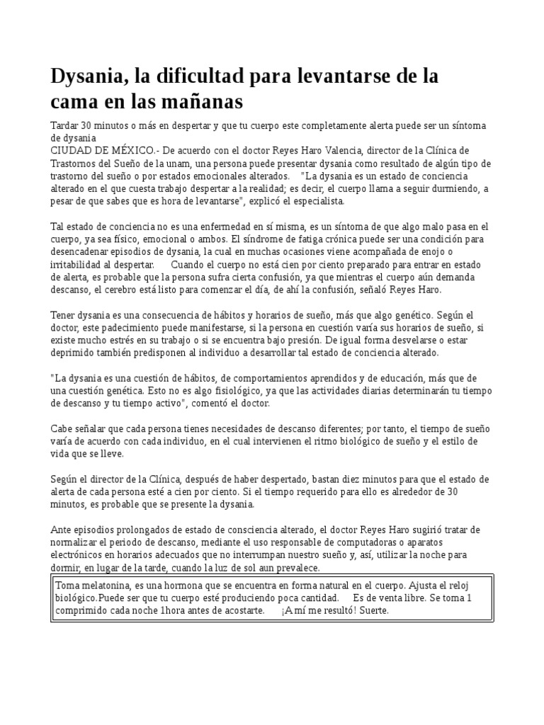 Dysania, (Dificultad para Levantarse de La Cama) | PDF | Dormir ...