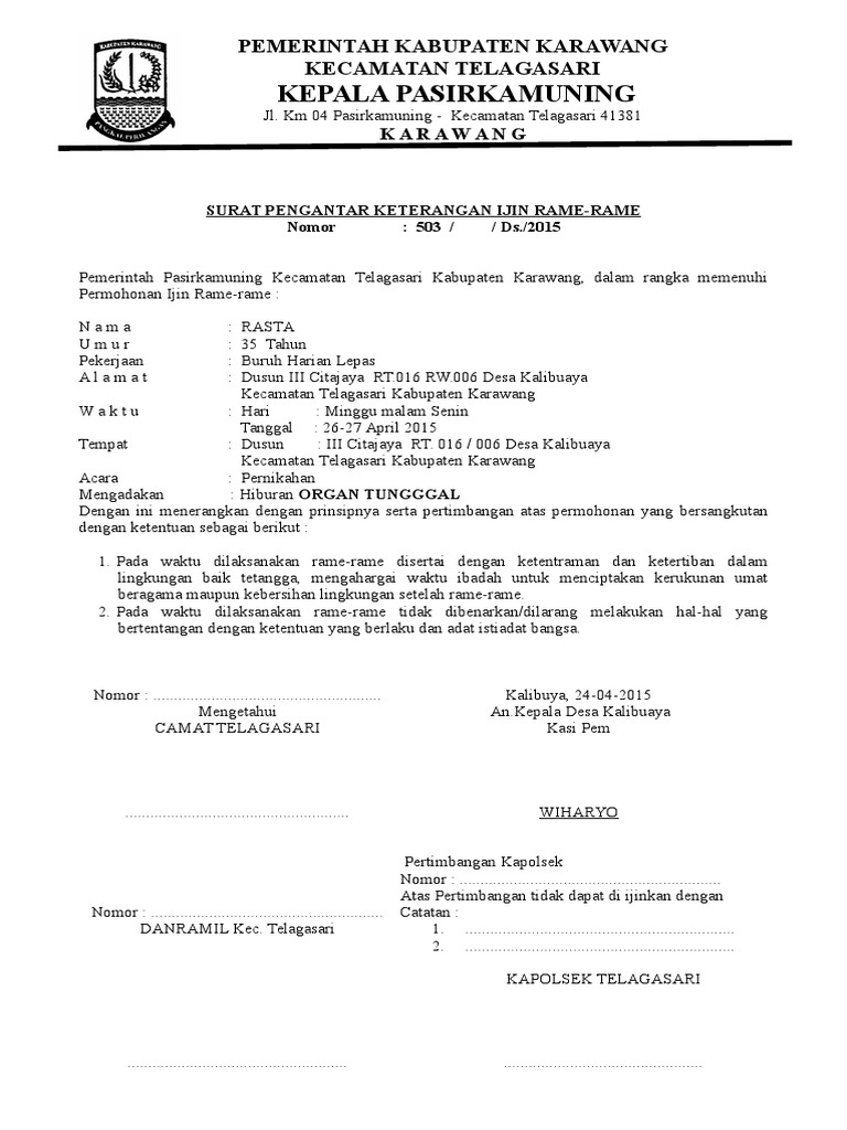 Surat Izin Rame-Rame Desa Kalibuaya | PDF