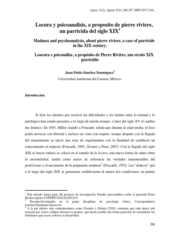Madness and Psychoanalysis, About Pierre Riviére, A Case of Parricide in The XIX Century. PDF
